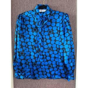 Vintage Givenchy Style Long Sleeve Button Up Blouse w/Neck Tie Geometric Design